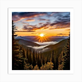 The Sun Ascends Over A Serene Mountain Landscape Its Golden Fingers Reaching Into The Valleys Art Print