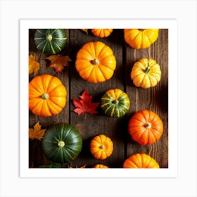 Assortment Of Vibrant Autumn Gourds And Pumpkins Thanksgiving Themed Scattered Artistically Across Art Print