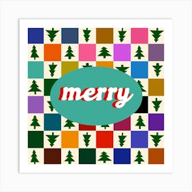 Merry Christmas Tree Multi Colour Grid Art Print