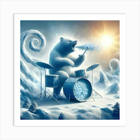 A Booming Bear Playing A Drum Set Made Of Ice, Inspired By The Organic And Biomorphic Forms Of Jean Arp, With A Frozen Blue And White Palette, Where The Drum Set Is In Focus And The Surrounding Landscape Art Print