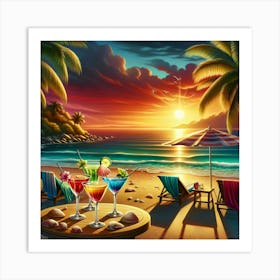 Tropical Beach With Cocktails Art Print