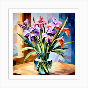 Cubism Art, Irises flowers in a vase 2 Art Print