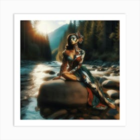 Beautiful Woman Sitting By A River Art Print