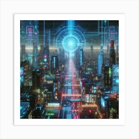 Neon Nights: A Cyberpunk Cityscape with Holograms and Lights Art Print