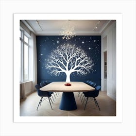 Modern Dining Room Interior With Blue Walls, A Large Wooden Table Surrounded By Chairs, And A White Tree With Star Shaped Lights On The Wall Art Print