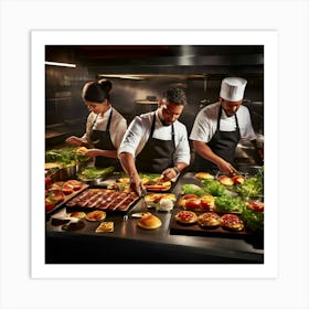 Overhead View Of A Burger Kitchen In Action Chefs Proudly Plating Gourmet Burgers Stunning Stainle 555813656 (1) Art Print