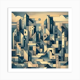 A Unique Digital Cubist Art Painting Depicting A Landscape Made Of Overlapping Geometric Planes And Shapes In Muted Bluish Hues 2 Art Print