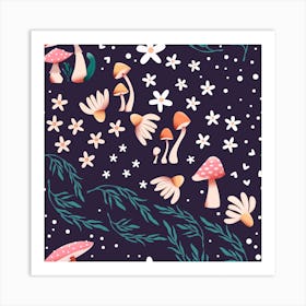 Mushroom Pattern On Purple With Florals Square Art Print