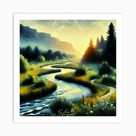 An Impressionist Illustration Depicts A River Winding Through A Meadow Featuring A Thick Black Outline Art Print