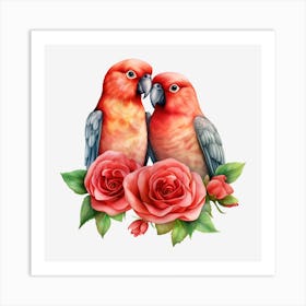 Couple Of Parrots With Roses 2 Art Print