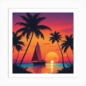 Sunset With Palm Trees 1 Art Print