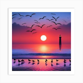 Lighthouse At Sunset Art Print