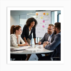 Business Strategy Meeting In Action With A Diverse Group Of Four Adults Two Women And Two Men Stra (3) Art Print