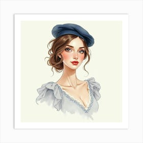 French Woman With A Classic Beret In Watercolor, Sophisticated And Artistic 1 Art Print