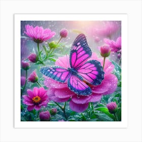 Pink Butterfly In The Rain Art Print