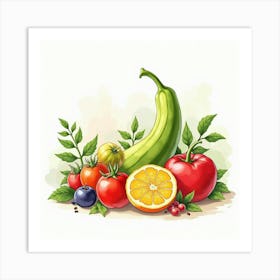 Watercolor Scene Of Vibrant Produce Arranged Elegantly In A Lovely Display 1 Art Print