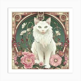 White Cat With Flowers 2 Art Print