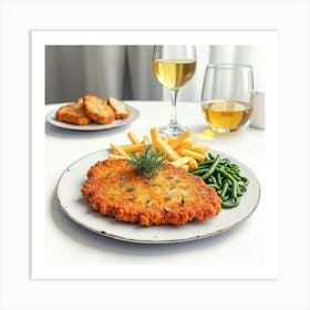 Watercolor Portrayal Of A Savory And Flavorful Pork Schnitzel On A Modern Restaurant Table Art Print