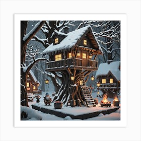 Treehouse In The Snow Art Print