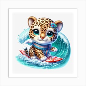 Leopard On A Surfboard Art Print