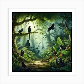 Jungle Scene With Birds And Monkeys Art Print