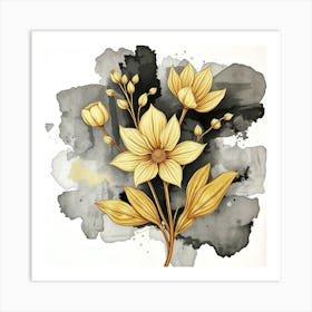 Gold Flowers Watercolor Painting Art Print