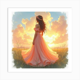 Charming Dress In Watercolor, With An Ethereal Sunset Sky 1 Art Print