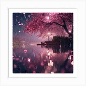 Pink Cherry Blossom Reflections in the Rain Art Print