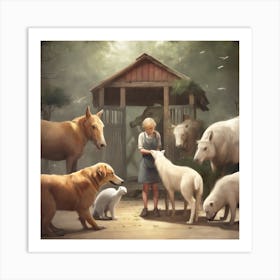 Girl And Her Animals Art Print