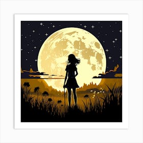 Silhouette Of A Girl In The Moonlight Art Print