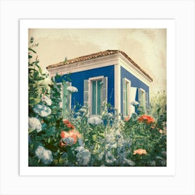 Blue House With Flowers 1 Art Print