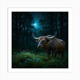 Bull In The Forest At Night 1 Art Print