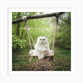 White Cat On Swing 2 Art Print