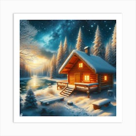 Cabin At Night Art Print