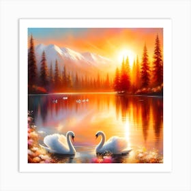 Sunset Swans Art Print