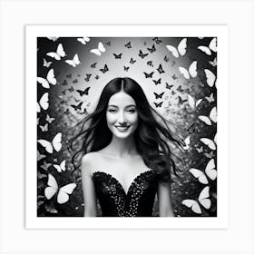 Black And White Portrait Of Beautiful Woman With Butterflies Art Print