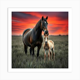 Horse And Foal At Sunset 13 Art Print