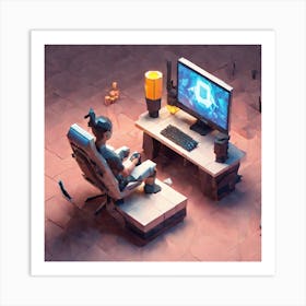 Gamer Sitting At Desk Art Print