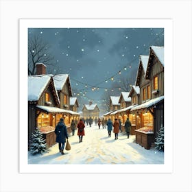 An English Winter Village Market With Festive Lights And Shoppers, Watercolor 1 Art Print