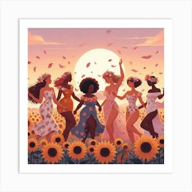 Women Dancing In The Sunflower Field Art Print