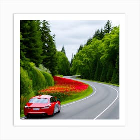 Red Sports Car Driving Down The Road Art Print