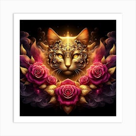 Cat With Roses Art Print