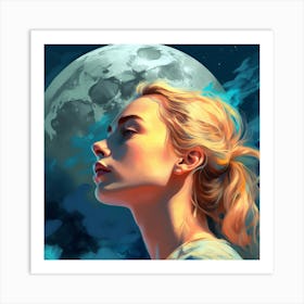 Girl Looking Up At The Moon Art Print