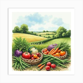 An English Farmer S Field With A Harvest Of Vegetables, Watercolor Art Art Print