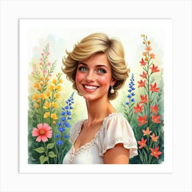 Graceful Princess Diana Smiling Amidst A Colorful Watercolor Garden 1 Art Print