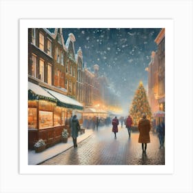 Amsterdam cafes, winter season, Christmas, pale colors, pedestrians in the street, winter clothes, falling snow.17 Art Print