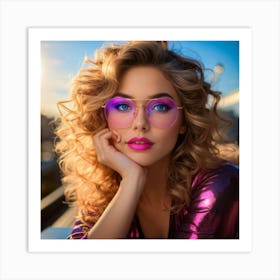 Portrait Of A Woman Flaunting Intense Blue Eyes Complemented By Pink Glasses And Matching Pink Lips Art Print