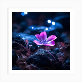 up close on a black rock in a mystical fairytale forest, alice in wonderland, mountain dew, fantasy, mystical forest, fairytale, beautiful, flower, purple pink and blue tones, dark yet enticing, Nikon Z8 6 Art Print
