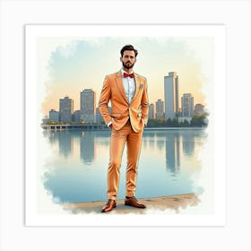 Charming Man In Watercolor Suit, Serene Cityscape Backdrop 1 Art Print