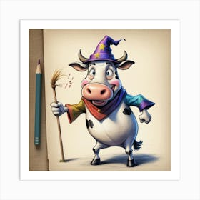 Cartoon Cow With A Broom Art Print